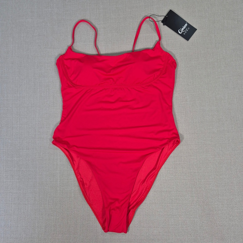 Qinsen Red One Piece Swimsuit Tummy Control Adjustable Straps Size XL New
